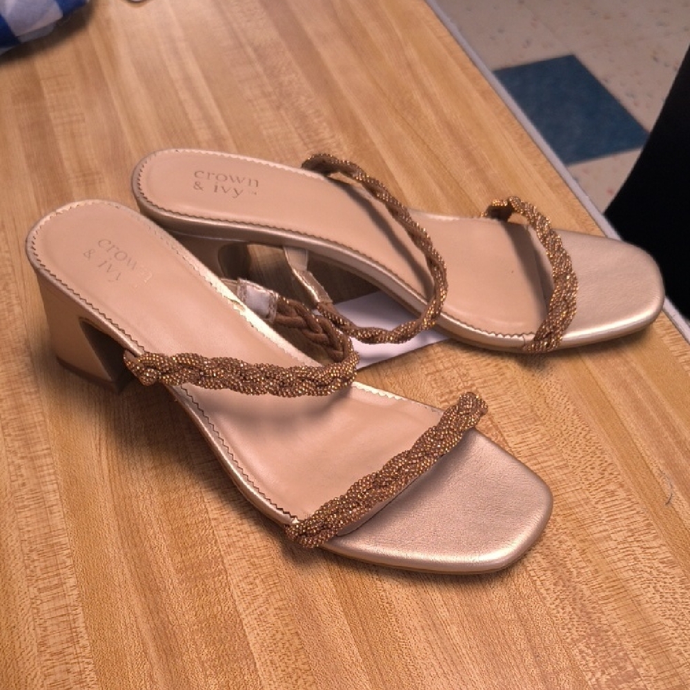 crown & ivy Metallic Gold Braided Strap Block Heel Sandals